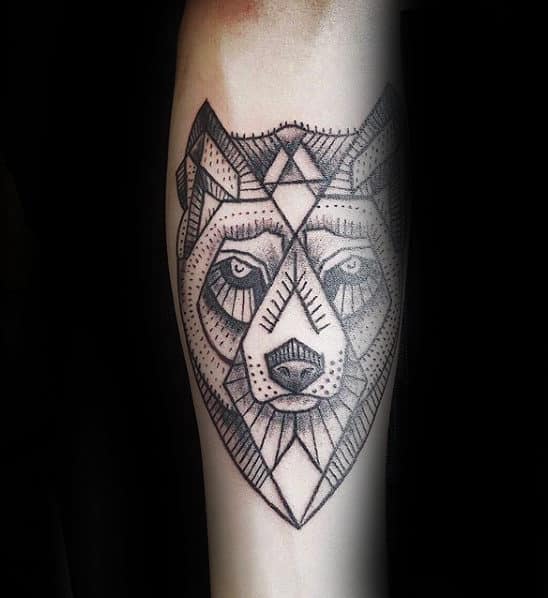Mens Inner Forearm Geometric Wolf Linework Tattoo Design Inspiration