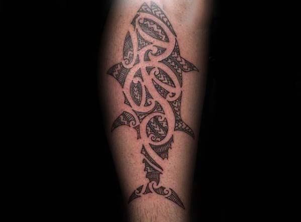 Mens Inner Forearm Polynesian Tribal Negative Space Fish Tattoo Designs