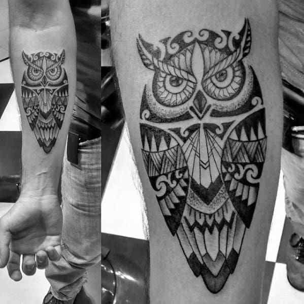Mens Inner Forearm Polynesian Tribal Owl Tattoo Design Ideas