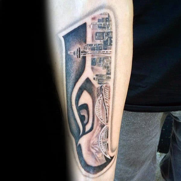 Mens Inner Forearm Seattle Skyline Seahawks Tattoo Ideas
