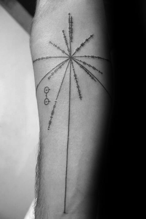 Tattoo of the Pioneer plaque imagery on an arm, featuring a cosmic Pulsar Map with lines and symbols