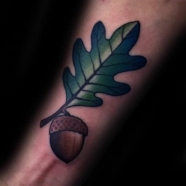 Mens Inner Forearm Tattoo Of Acorn With Oak Leaf