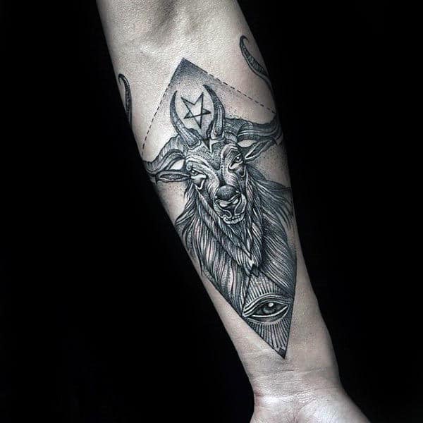Mens Inner Forearm Tattoo Of Goat With All Seeing Eye Design