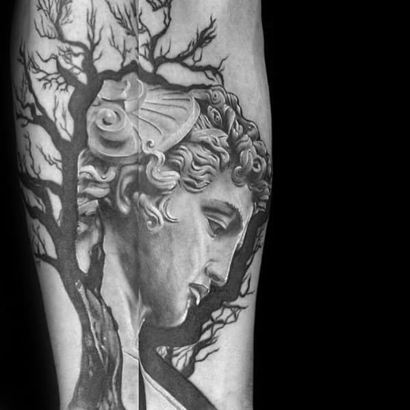 Mens Inner Forearm Tree With Perseus Tattoo Design Inspiration