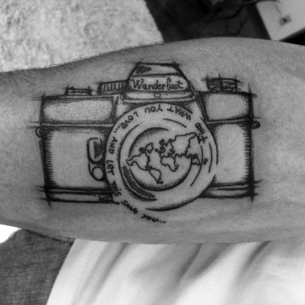 Mens Inner Forearm Wanderlust Sketched Camera Tattoo Designs