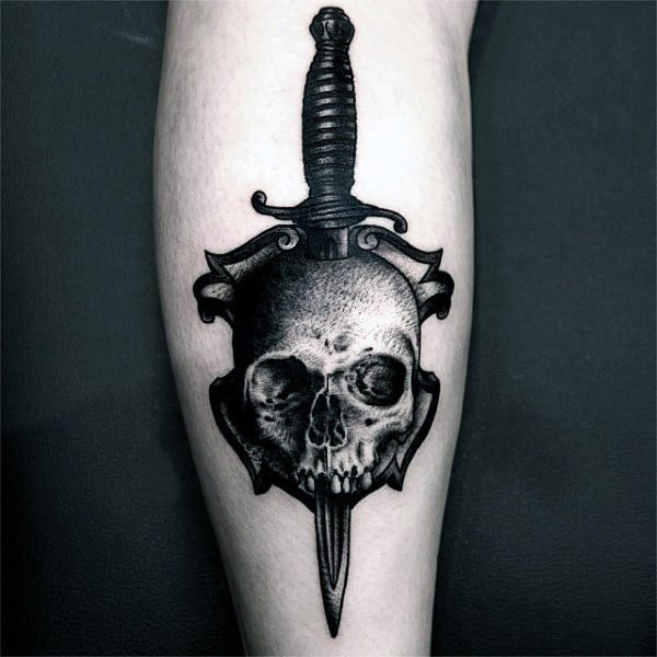 Mens Insane Skull With Dagger Leg Tattoo Dotwork Design Ideas