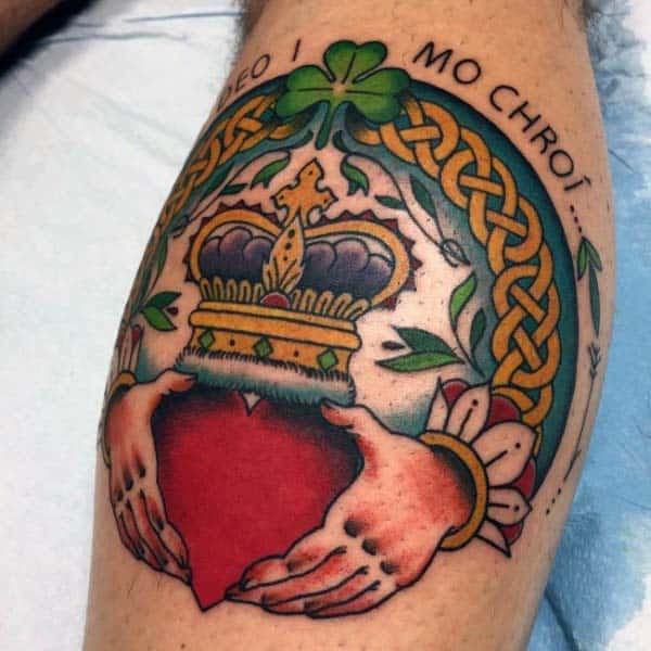 Mens Irish Claddagh Leg Calf Tattoo Designs