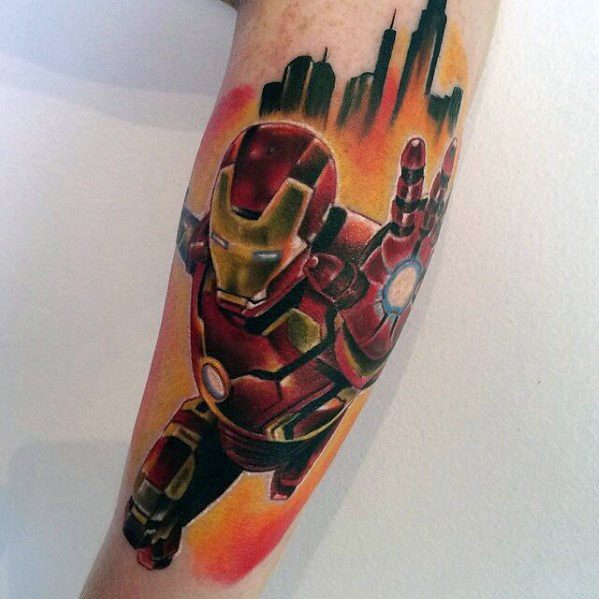 Iron Man tattoo featuring a vibrant, action-packed design with him soaring through a cityscape, using bright colors and dynamic shading to emphasize his powerful pose and iconic armor.