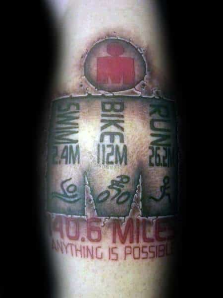 Ironman tattoo with swim, bike, and run distances—2.4M, 112M, 26.2M—framed by “140.6 miles” and “Anything is possible.”
