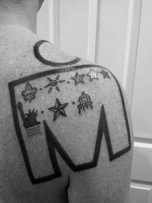 Ironman logo tattoo with stars and various symbols, including the Statue of Liberty, a sun, and a dome, placed within the logo's outline.
