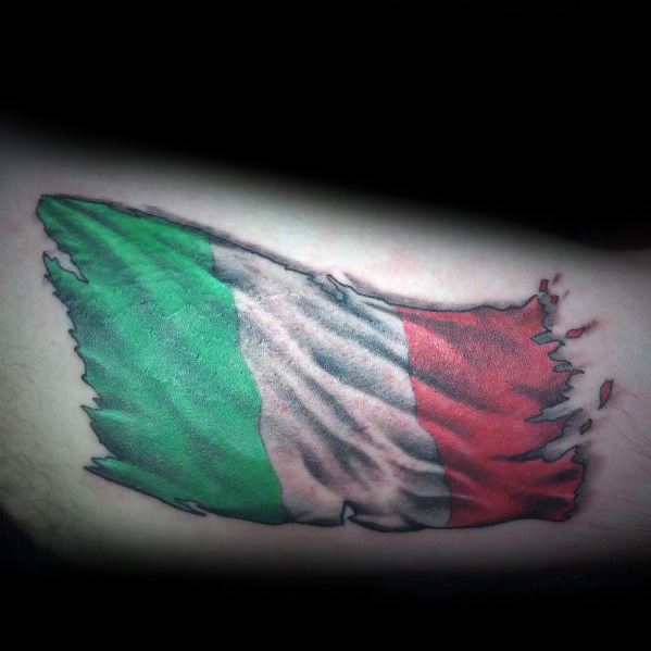 Tattoo of a tattered Italian flag waving on the skin, symbolizing resilience, national pride, and a deep connection to Italian heritage.