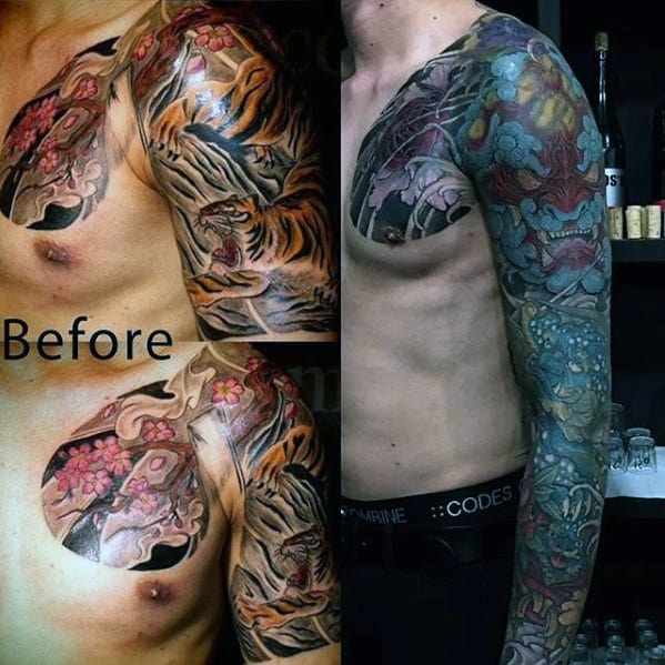 Mens Japanese Before And After Tattoo Cover Up Sleeve Ideas