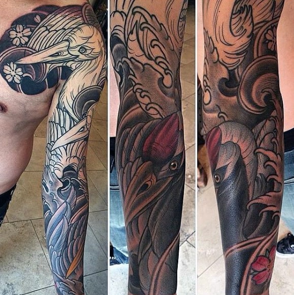 Mens Japanese Crane Full Arm Sleeve Tattoos