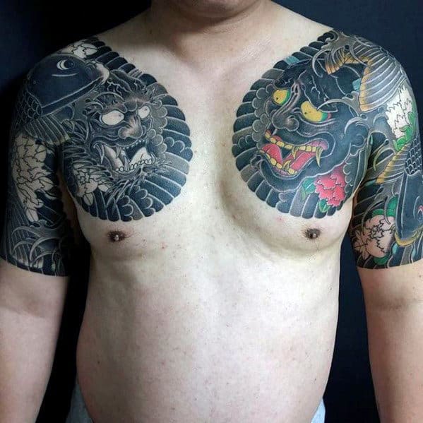 Mens Japanese Demons Upper Chest Tattoos