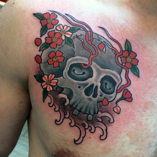 Mens Japanese Flower Skull Upper Chest Tattoo