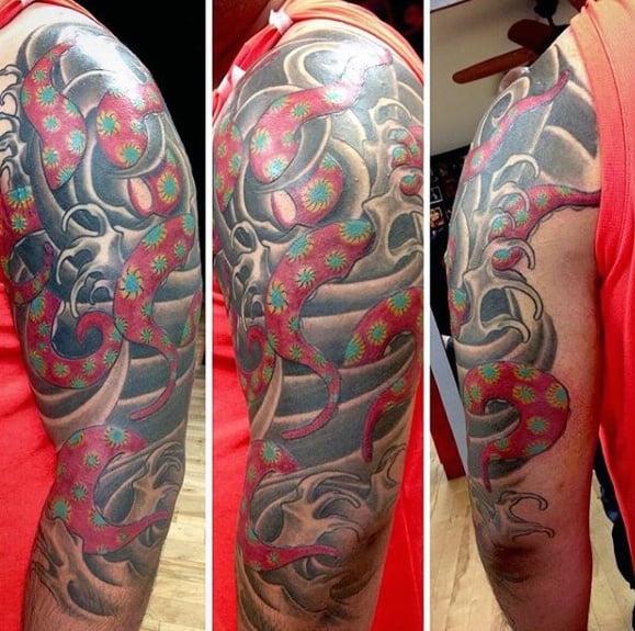 Mens Japanese Half Sleeve Red Polka Dot Octopus Tattoo