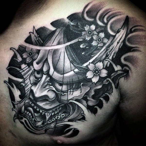Mens Japanese Hannya Mask Upper Chest Tattoo With Water Waves