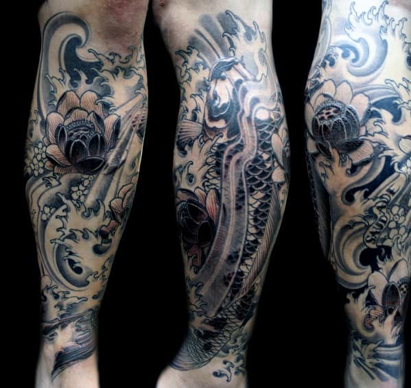 Detailed leg tattoos featuring koi fish, waves, and lotus flowers in black and grey
