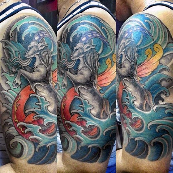 Mens Japanese Ocean Waves Capricorn Sea Goat Half Sleeve Tattoo