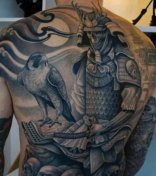 Mens Japanese Samurai Falcon Full Back Tattoos