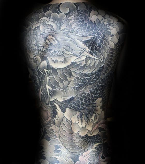 Mens Japanese Shaded Black And Grey Large Dragon Full Back Tattoo