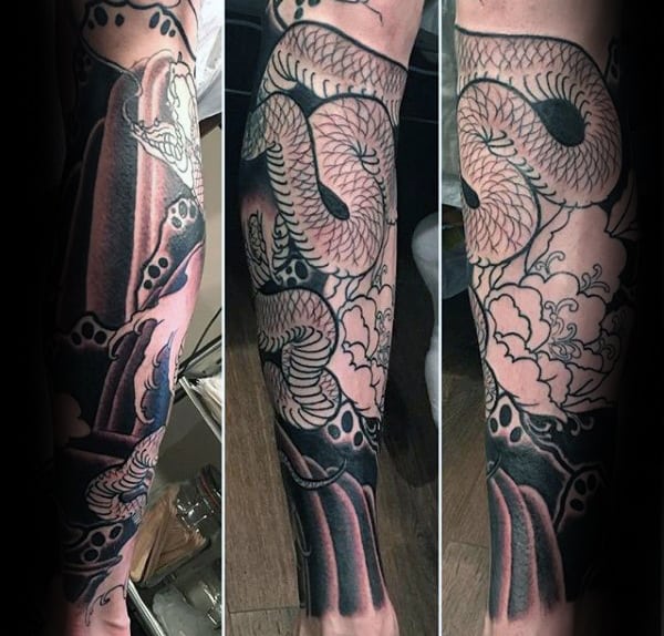 Mens Japanese Snake Peony Flower Forearm Sleeve Tattoo