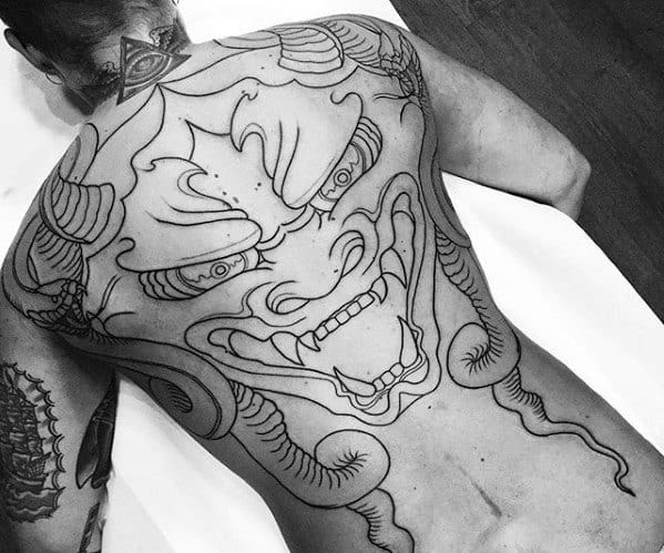 Mens Japanese Snake Tattoo Black Ink Outline On Back