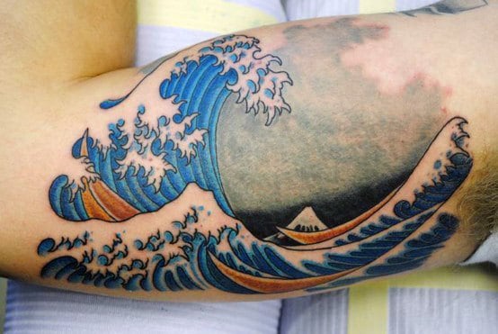 Men's Japanese Waves Bicep Tattoos