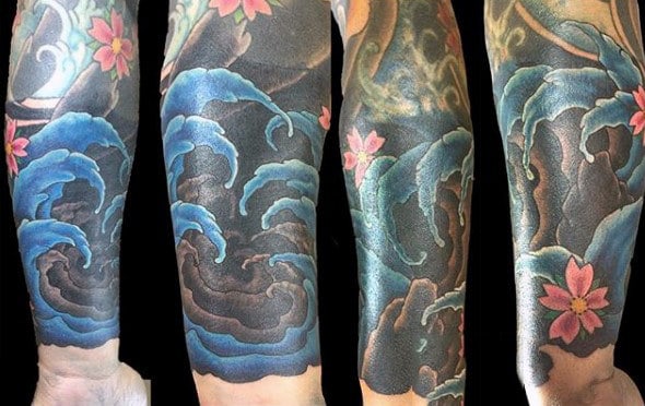 Mens Japanese Wrist Tattoo Of Water Waves And Flowers