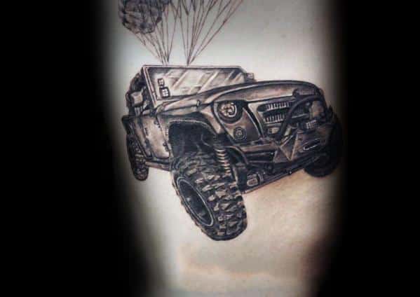 Black and grey tattoo of a rugged off-road Jeep with a parachute, giving it an airborne effect, symbolizing adventure and extreme terrain exploration.
