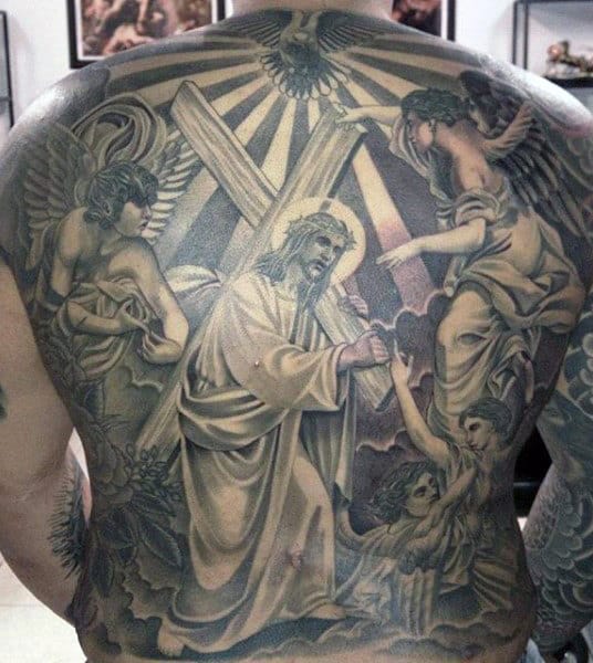 Mens Jesus Bearing Cross Full Back Tattoo With Flying Angels