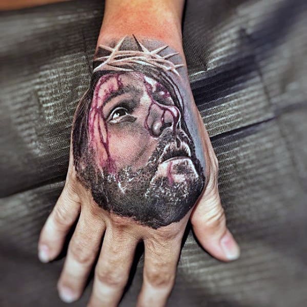 Mens Jesus Crown Of Thorns Catholic Tattoo On Hand