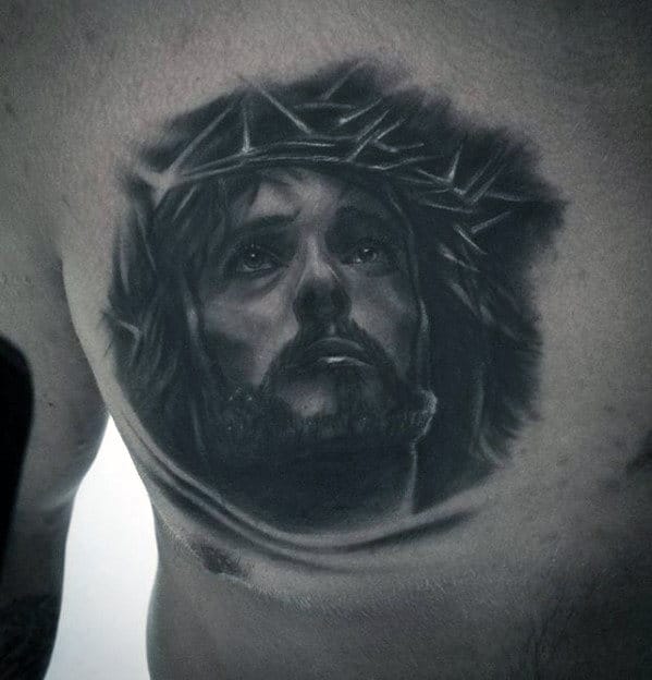 Mens Jesus Head Christian Upper Chest Tattoo