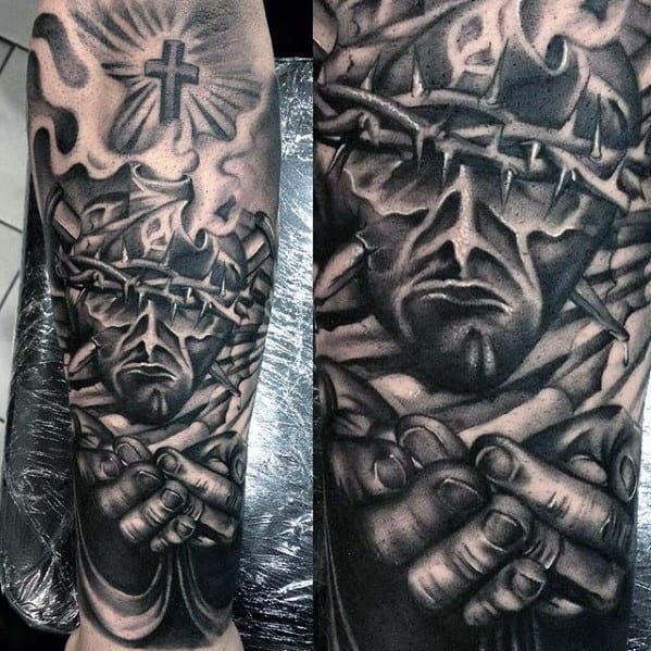 Mens Jesus Holding Hands Forearm Sleeve Tattoo
