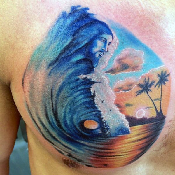 Mens Jesus In Waves Sunset Tattoo On Chest Abstract Style