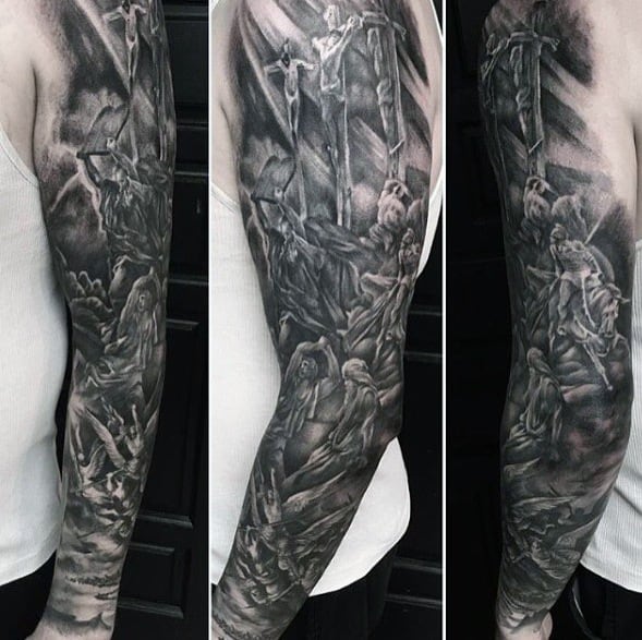 Mens Jesus On The Cross With Angels Unique Arm Sleeve Tattoos