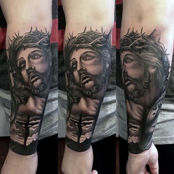 Mens Jesus Portrait With Cross Forearm Sleeve Tattoo