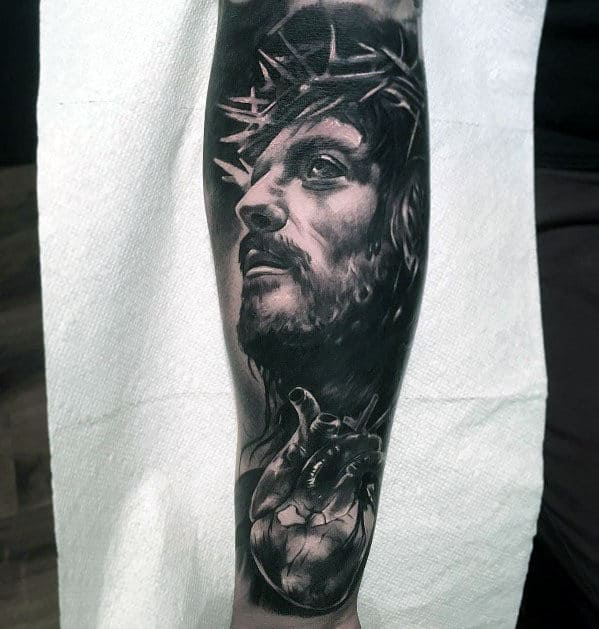 Mens Jesus With Anatomical Heart Forearm Sleeve Tattoos
