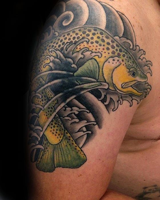 Mens Jumping Trout Fish Japanese Arm Tattoo