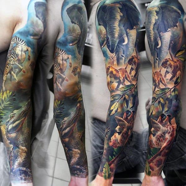 Mens Jungle Full Arm Sleeve Epic Tattoo Ideas