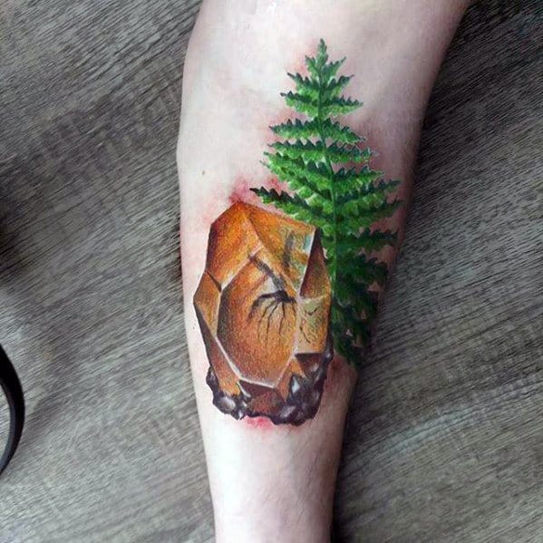 Mens Jurassic Park Mosquito In Amber Stoone With Tree Branch Forearm Tattoo Design Ideas