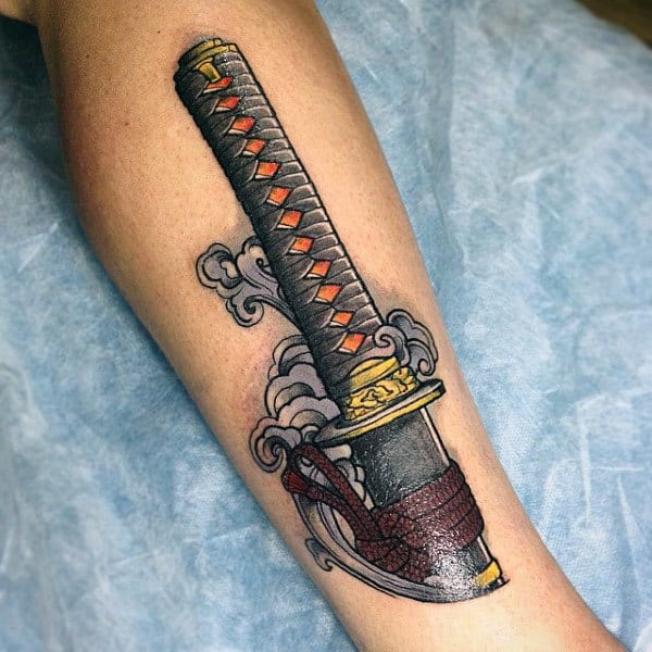 Mens Katana Handle Sword Leg Tattoo