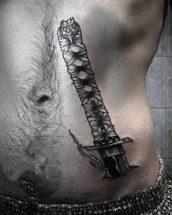 Mens Katana Hip And Chest Tattoos