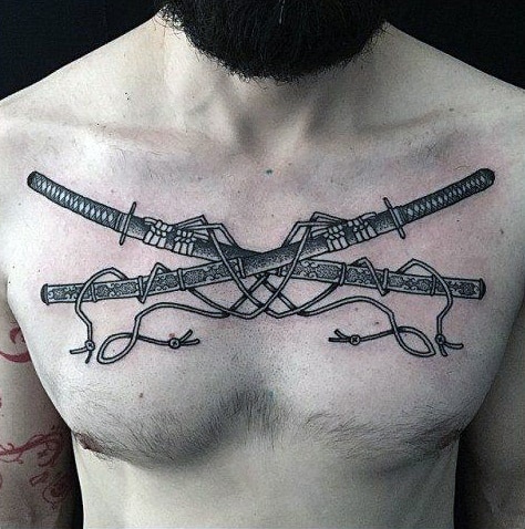 Mens Katana Sword Upper Chest Tattoo