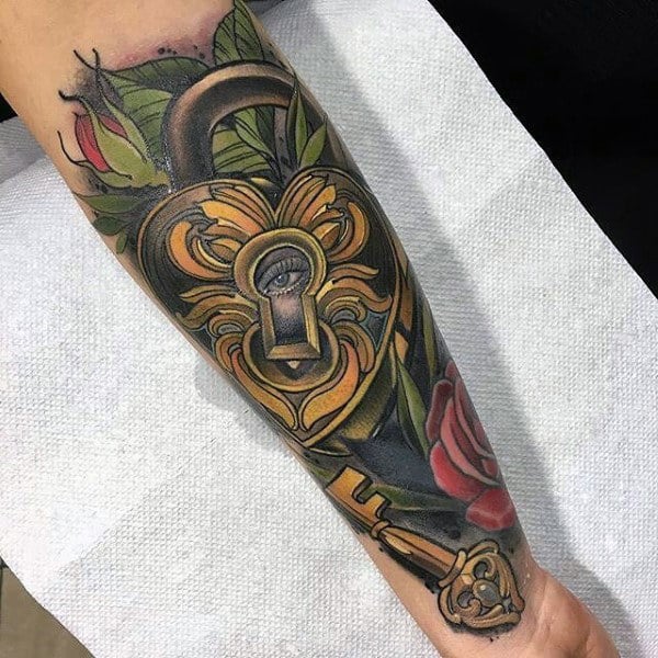 Mens Key With Lock Colorful Forearm Sleeve Tattoo