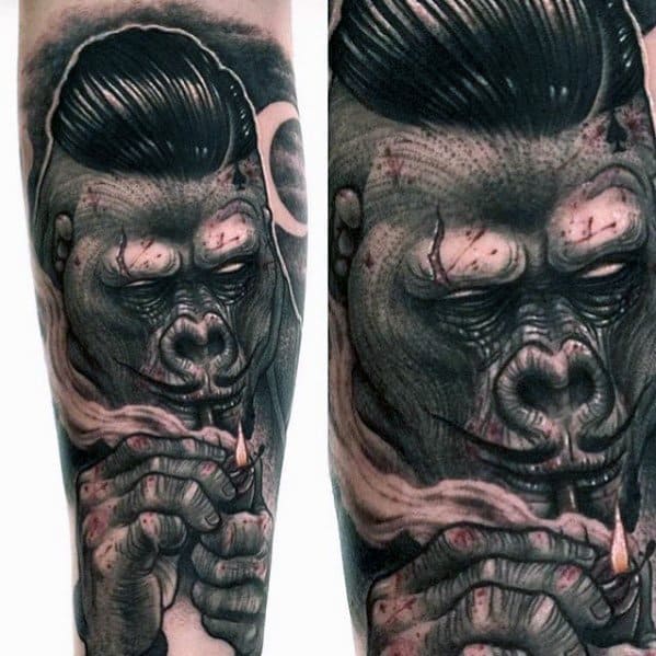Stylized black and grey King Kong tattoo featuring a slick-haired, humanoid Kong calmly smoking a joint with red accents and fine detail.
