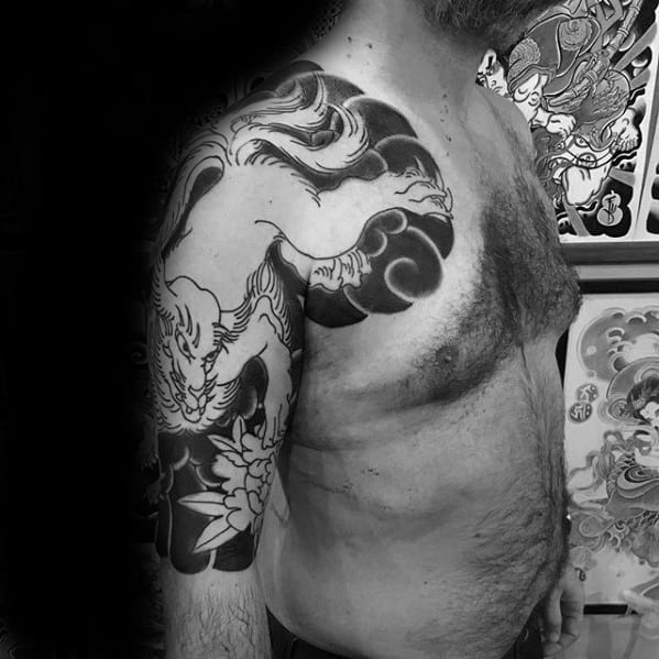 Mens Kitsune Negative Space Japanese Arm And Chest Tattoo