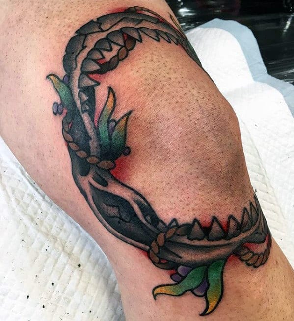 Mens Knee Cap Shark Jaw Tattoo With Old School Design