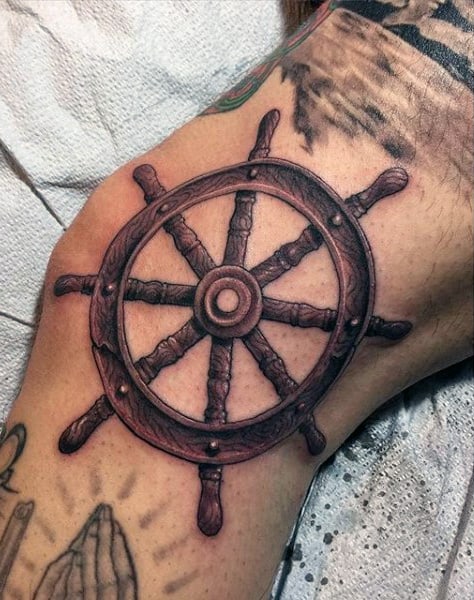 Mens Knee Nautical Ship Wheel Tattoo