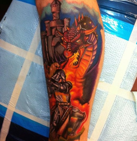 Mens Knight Tattoos With Dragons And Fire